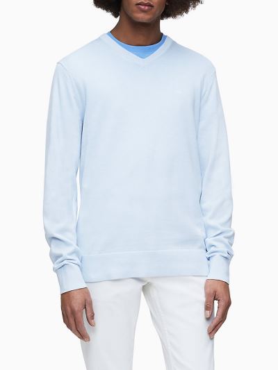 Calvin Klein Ruhák HU669391 | Calvin Klein Cotton-Silk V-Neck Férfi Pulóver Kék